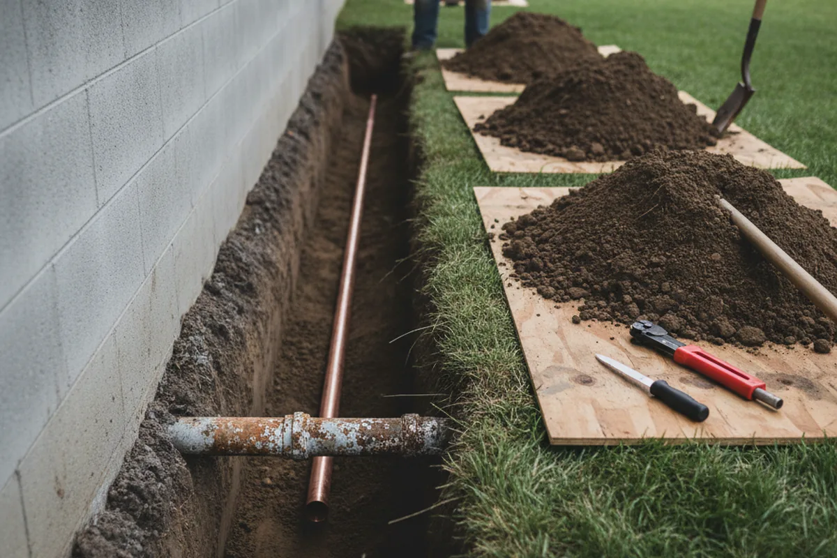 Excavated water line trench during Sewer Line Repair in Prescott